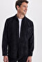 Men's Regular Fit Comfortable Cut Corduroy Look Buttoned Collar Pocketed Black Jacket Shirt - 5