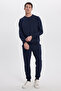 Men's Relax Fit Cotton 2 Thread Soft Textured Crew Neck Navy Blue Tracksuit Set - 6