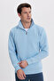 Unisex Relax Fit Relaxed Cut Cotton Fleece Inside Half Zip Blue Stand Collar Sweatshirt