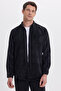 Men's Regular Fit Comfortable Cut Corduroy Look Buttoned Collar Pocketed Black Jacket Shirt