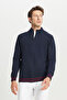 Men's Navy Blue Zippered Mock Neck Cotton Knitwear Cardigan Jacket Standard Fit Regular Cut - 4