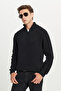 Men's Black Cotton Standard Fit Regular Cut Zippered Bato Collar Jacquard Knitwear Sweater