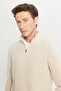 Men's Light Beige Cotton Standard Fit Regular Cut Zippered Bato Collar Jacquard Knitwear Sweater - 5