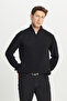 Men's Black Cotton Standard Fit Regular Cut Zippered Bato Collar Jacquard Knitwear Sweater - 4