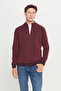 Men's Burgundy Cotton Zippered Mock Neck Knitwear Cardigan Jacket Standard Fit Regular Cut