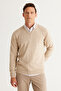 Men's Beige Anti-Pilling Standard Fit Regular Cut V-Neck Knitwear Sweater