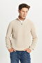 Men's Light Beige Cotton Standard Fit Regular Cut Zippered Bato Collar Jacquard Knitwear Sweater