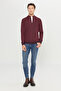 Men's Burgundy Cotton Zippered Mock Neck Knitwear Cardigan Jacket Standard Fit Regular Cut - 2