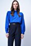 Cobalt Blue Hakim Collar Half Placket Balloon Sleeve Poplin Shirt Blouse Alc-X14059 - 2