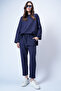 Women's Navy Blue Crew Neck Asymmetrical Cut Oversized Sweatshirt and Pants Set Alc-X13270 - 5