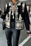 Women's Black Mock Neck Tasseled Embroidered Melton Jacket