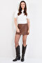 Tan Mini Slit Leather Short Skirt Alc-X14802 - 3