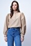 Taupe Stand Collar Half Placket Balloon Sleeve Poplin Shirt Blouse ALC-X14059 - 3