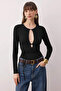 Siyah Düz V Yaka Uzun Örme Sandy Body TPRAW26BD00028 - 2