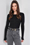 Black Crew Neck Self-Patterned Bodysuit with Snap Buttons at the Bottom Alc-X14839 - 2