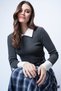 Women's Anthracite Shirt Collar Color Block Ribbed Knit Blouse Alc-X13511 - 4