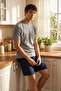Gray Regular Fit Slogan Printed Waffle Knitted Shorts Pajamas Set Tmnss25Pt00008