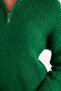 Women's Oversize Wide Cut Woven Zipper Collar Green Sweater - 4