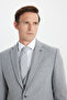 Men's Gray Woolen Slim Fit Slim Fit Mono Collar Diagonal Patterned Cover Pocket Vest Suit - 7