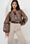 Brown Crew Neck Embroidered Balloon Sleeve Poplin Blouse ALC-X14841