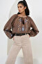 Brown Crew Neck Embroidered Balloon Sleeve Poplin Blouse ALC-X14841 - 2