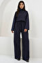 Navy Blue Turtleneck Oversize Blouse and Double Pocket Palazzo Trousers Set Alc-X14836