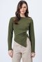 Women's Khaki Crew Neck Gold Button and Drape Detail Ottoban Blouse Alc-X14716