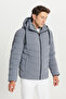 Men's Gray Padded Standard Fit Regular Cut Stand Collar Hooded Side Pocket Jacket Coat - 6