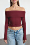 Bordo Carmen Yaka Fitted/Vücuda Oturan Crop Esnek Örme Bluz TWOAW25BZ00008 - 3