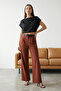 Koyu Kahverengi Yüksek Bel Wide Leg/Geniş Paça Pilili Dokuma Kumaş Pantolon TWOAW21PL0076