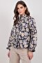 Women's Black-Cream Floral Patterned Double Pocket Lined Quilted Jacket Alc-X14993 - 4