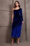 Women's Navy Blue One Sleeve Stone Strap Velvet Long Dress Alc-X14987 - 4