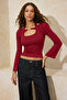 Kırmızı Fitted/Vücuda Oturan Kayık Yaka Aksesuar Detaylı Pamuk Ribana Örme Bluz TWOSS26BZ00222