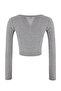 Gri Melanj Fitted/Vücuda Oturan V Yaka Çıtçıtlı Crop Yumuşak Örme Bluz TWOSS26BZ00056 - 7