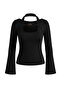 Siyah Fitted/Vücuda Oturan Kayık Yaka Aksesuar Detaylı Pamuk Ribana Örme Bluz TWOSS26BZ00222 - 5