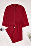 Bordo Dikiş Detaylı Rahat Kalıp Viskon Dokuma Pijama Takımı THMSS26PT00003 - 5
