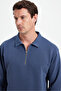 Men's relaxed fit comfortable cotton 3-thread zip-up polo collar dark blue sweatshirt - 2