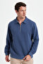 Men's relaxed fit comfortable cotton 3-thread zip-up polo collar dark blue sweatshirt - 7