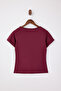 Bordo Relaxed/Rahat Kalıp Kayık Yaka Kısa Kollu %100 Pamuk Örme T-Shirt TWOSS26TS00004 - 6