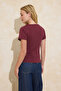 Bordo Relaxed/Rahat Kalıp Kayık Yaka Kısa Kollu %100 Pamuk Örme T-Shirt TWOSS26TS00004 - 4