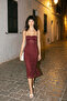 Bordo Astarlı Dantel Örme Midi Abiye Gece Mezuniyet Elbisesi TPRAW25EL00120