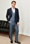 Men's Dark Navy Blue Slim Fit Slim Fit Mono Collar Plaid Patterned Vest Suit - 2