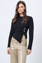 Women's Black Crew Neck Gold Button and Drape Detail Ottoban Blouse Alc-X14716