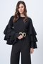 Women's Black Crew Neck Flared Sleeve Crepe Blouse Alc-X14714 - 4