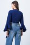 Women's Navy Blue Double-Breasted Tie Detail Flared Sleeve Crop Blouse Alc-X14718 - 7