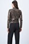 Women's Leopard Mock Neck Omzu Draped Silver Glitter Blouse Alc-X11257 - 8