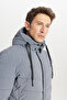 Men's Gray Padded Standard Fit Regular Cut Stand Collar Hooded Side Pocket Jacket Coat - 7