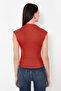 Kırmızı Dik Yaka Büzgü/Drape Detaylı Fitted/Vücuda Oturan Asimetrik Örme Bluz TWOSS24BZ00534 - 6