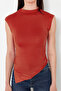 Kırmızı Dik Yaka Büzgü/Drape Detaylı Fitted/Vücuda Oturan Asimetrik Örme Bluz TWOSS24BZ00534 - 5
