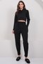 Women's Black Hooded Crop Sweatshirt and Stitching Detailed Trousers Set Alc-X14938